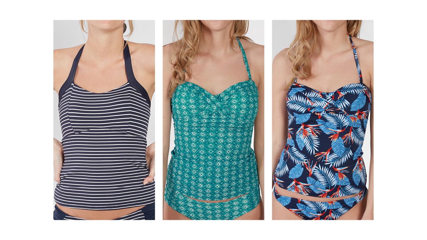A selection of tankini tops in three different prints, from FatFace